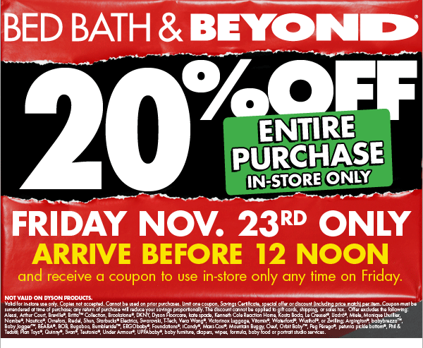Bed Bath and Beyond: 20% off your ENTIRE PURCHASE in-store ...