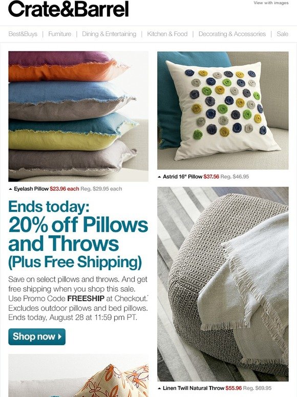 Crate and Barrel: Last chance: 20% off pillows and throws ...