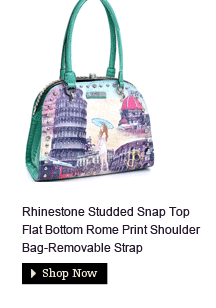 Rhinestone Studded Snap Top Flat Bottom Rome Print Shoulder Bag-Removable Strap