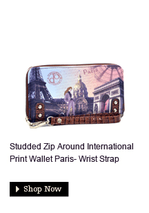 Studded Zip Around International Print Wallet Paris- Wrist Strap