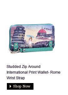 Studded Zip Around International Print Wallet- Rome Wrist Strap