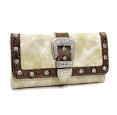 Rhinestone Embellished Buckle Western Wallet With Floral Texture Trim