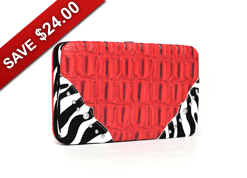 Western Croco Textured Frame Wallet with Zebra Trim - Red