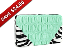 Western Croco Textured Frame Wallet with Zebra Trim - Green