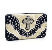 Rhinestone Studded Western Frame Wallet With Cross Accent And Floral Trim