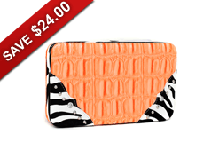 Western Croco Textured Frame Wallet with Zebra Trim - Orange