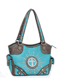 Women's Western Rhinestone Studded Shoulder Bag with Croco Trim & Cross Accent-/Taupe