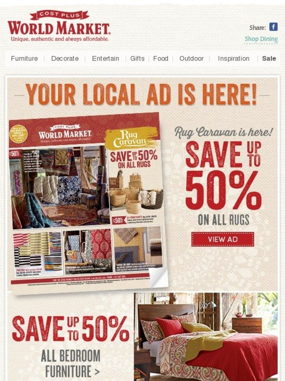 Cost Plus World Market: Up to 50% off ALL Rugs and Bedroom Furniture in your NEW local ad. | Milled