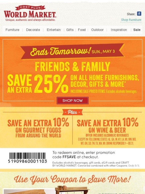 Cost Plus World Market: Have you saved 25%? Our Friends and Family coupon ends tomorrow. | Milled