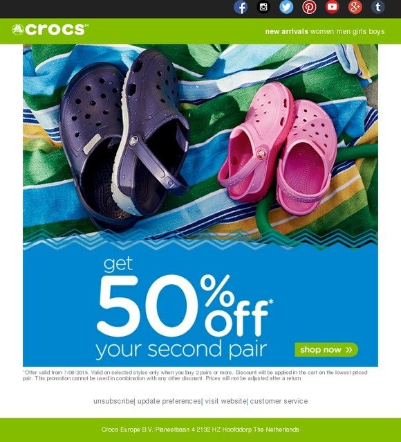 crocs buy one get second half price