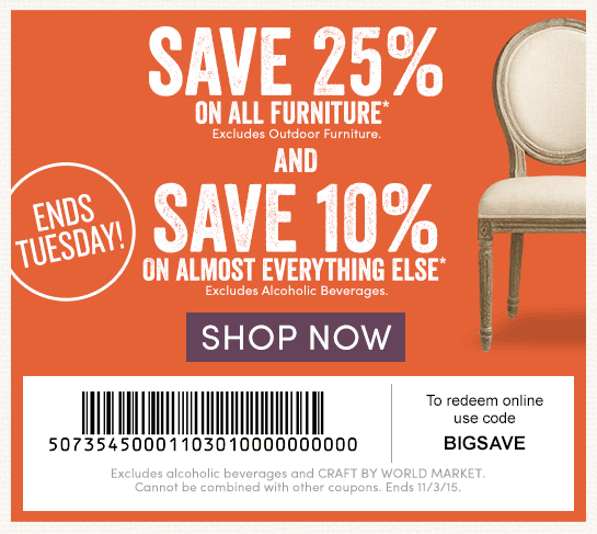 Cost Plus World Market: All good: 25% off Furniture. 10% off everything else with Coupon. | Milled