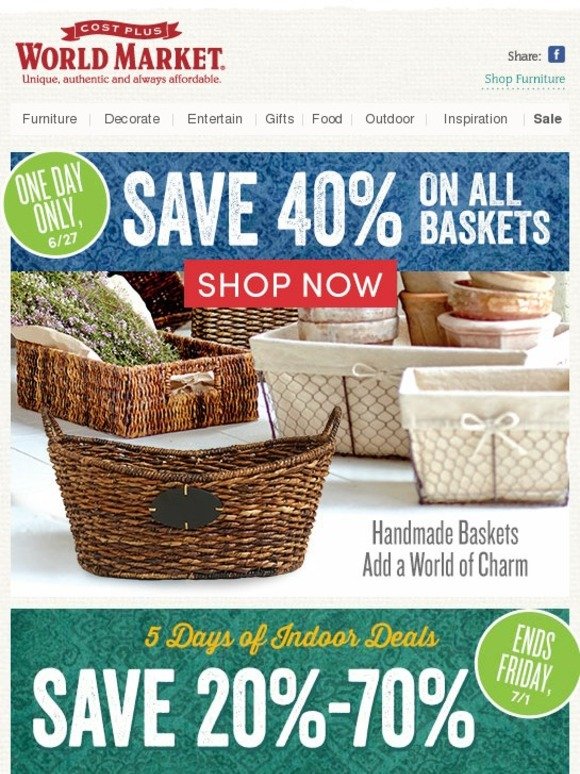 Cost Plus World Market: Today Only: Save 40% on All Baskets + 20%-70% on Select Handcrafted Rugs ...