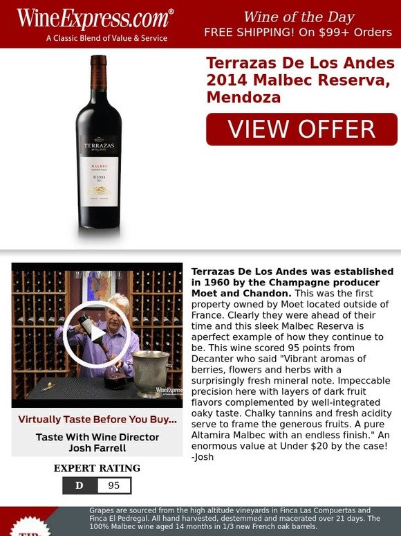Wine Enthusiast 95 Pt Under 20 By The Case Malbec Reserva