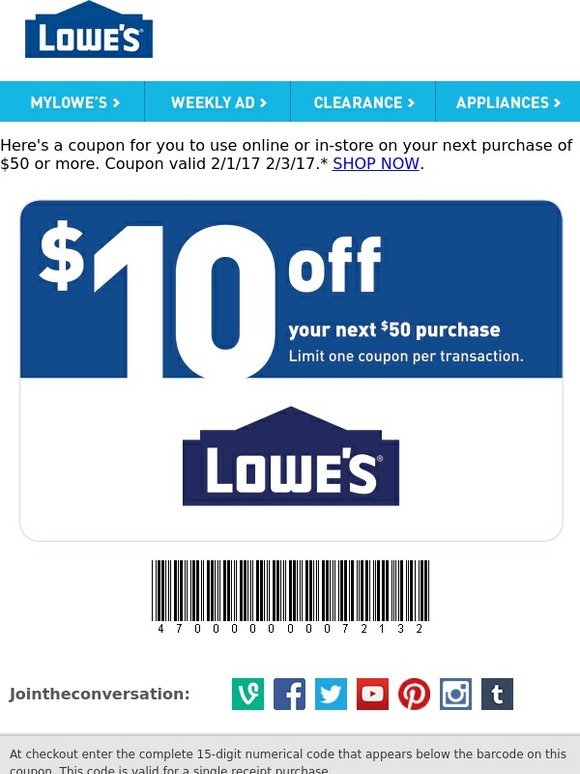 Lowes: 3 Days Only! Get $10 Off Your Next Purchase | Milled