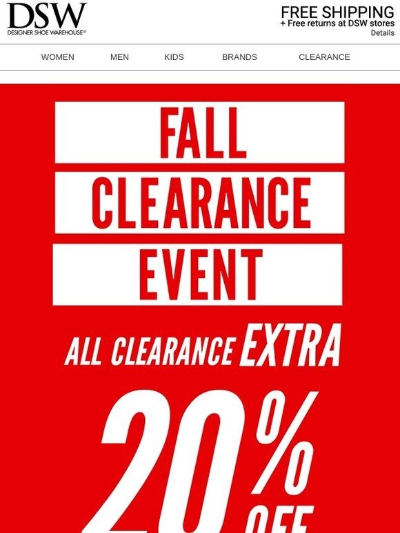 DSW: 🎉 Extra 20% off clearance + $10 