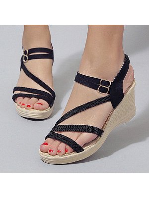 plain high heeled criss cross peep toe casual outdoor wedge sandals