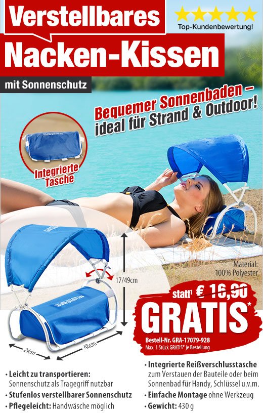 Pearl: 0,- statt 16,90 EUR: Nacken-Kissen mit Sonnenschutz für Strand und  Outdoor