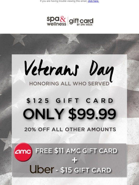 20% Off + Free $15 Uber Gift Card & $11 AMC Card In Honor Of The Veterans!