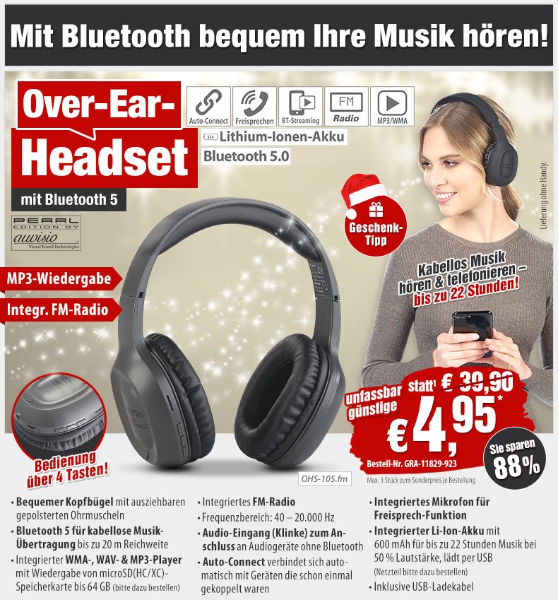 Pearl: -88%! Nur 4,95 statt 39,90 EUR: Over-Ear-Headset mit Bluetooth, MP3  und FM | Milled