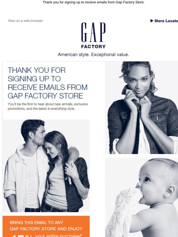 0 Welcome! Enjoy 15% off at Gap Factory Store! | Milled