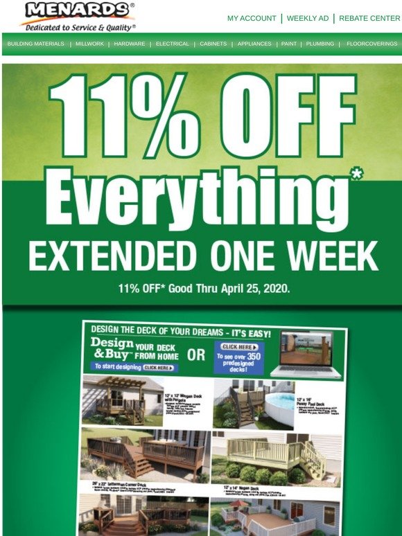 Menards: 11% Off Everything!* | Start Your Outdoor Projects Now | Milled