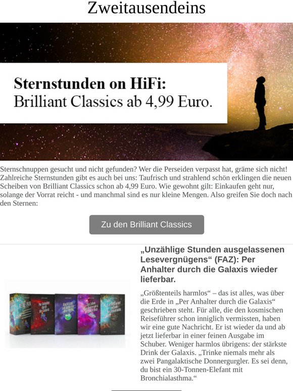 Greifen Sie nach den Sternen: Brilliant Classics ab 4,99 Euro und Per Anhalter durch die Galaxis.