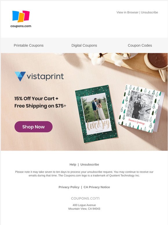 Coupons Com 15 Off Your Cart Free Shipping On 75 At Vistaprint Milled