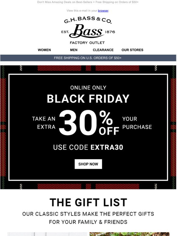 G.H. Bass: EXTRA 30% OFF EVERYTHING 